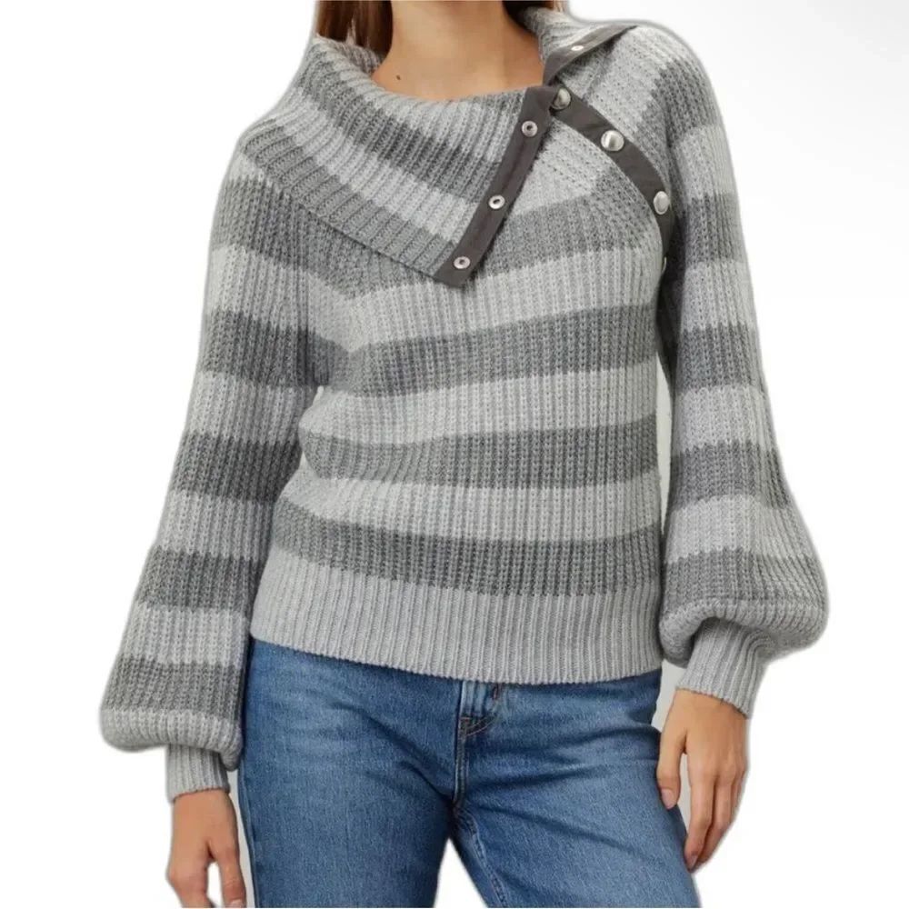 DEREK LAM COLLECTIVE | Two Tone Striped Gray Snap Up Sweater Women’s Size XXL